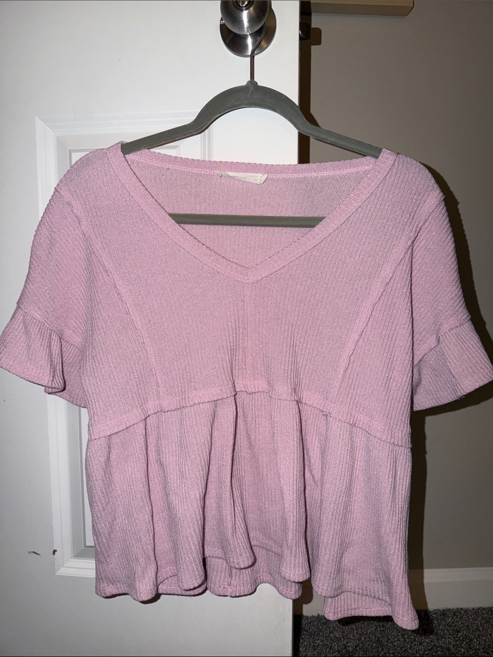 Lush Light Pink V-Neck Ruffle Sleeve Knit Top